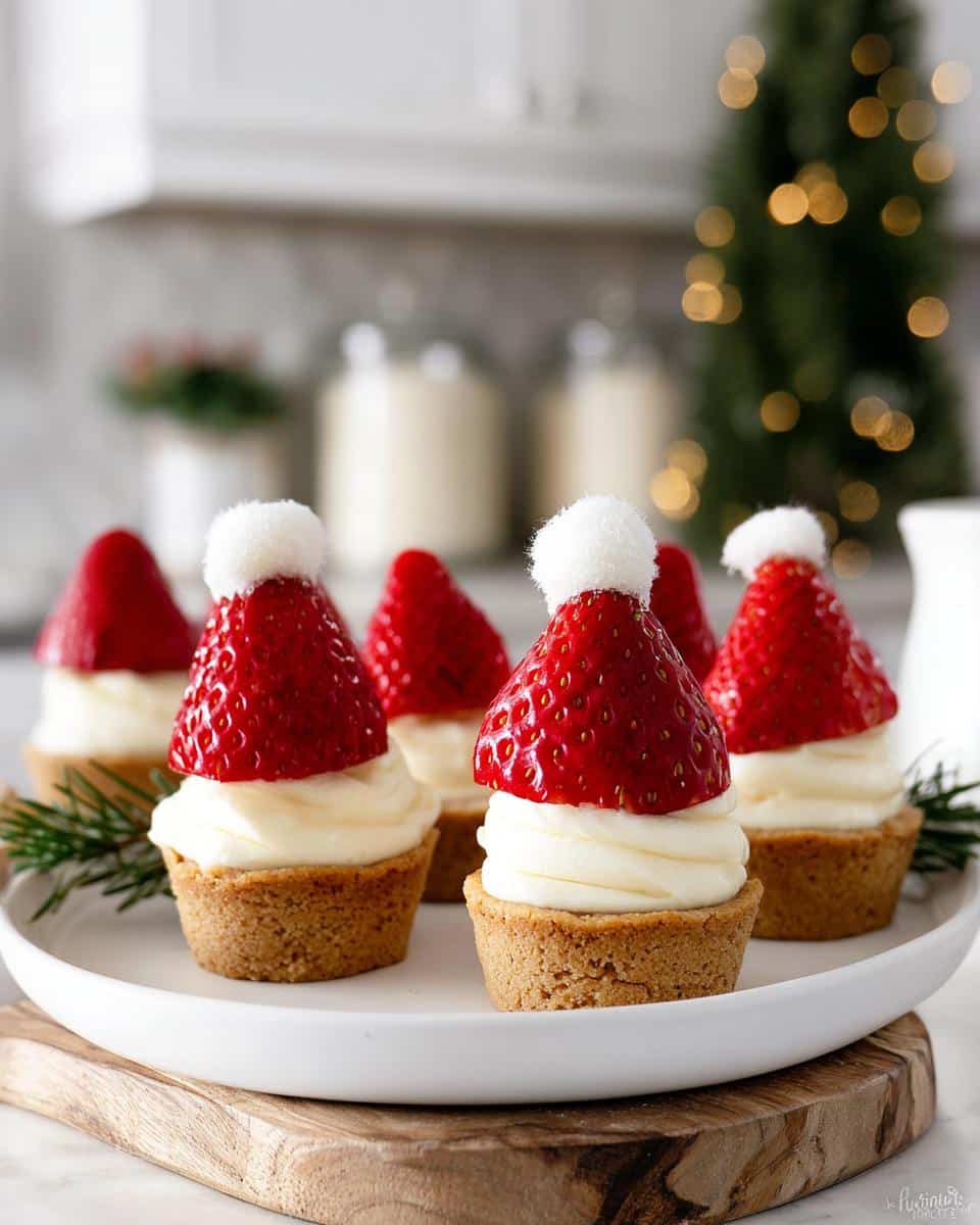 Close-up of Strawberry Santa Cheesecake Cups, featuring a graham cracker crust, creamy filling, and a strawberry with a marshmallow top.