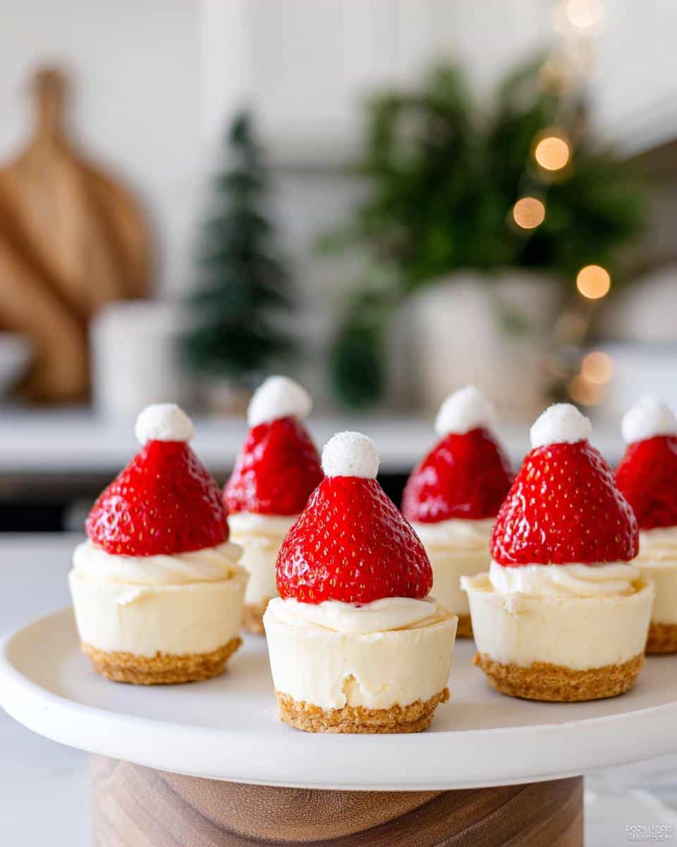 Close-up of Strawberry Santa Cheesecake Cups, featuring mini cheesecakes topped with cream and a strawberry Santa hat.