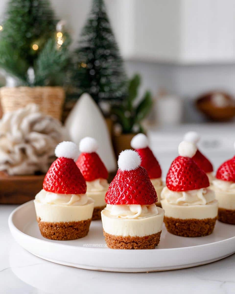 Close-up of Strawberry Santa Cheesecake Cups, featuring a graham cracker crust, creamy cheesecake filling, and a strawberry topped with a mini Santa hat.