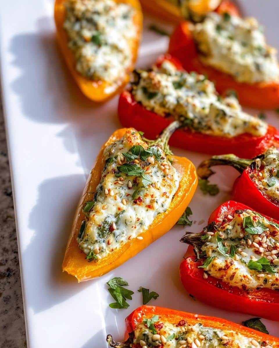 Close-up of Stuffed Mini Peppers with Herbed Cheese, garnished with sesame seeds and parsley on a white platter.