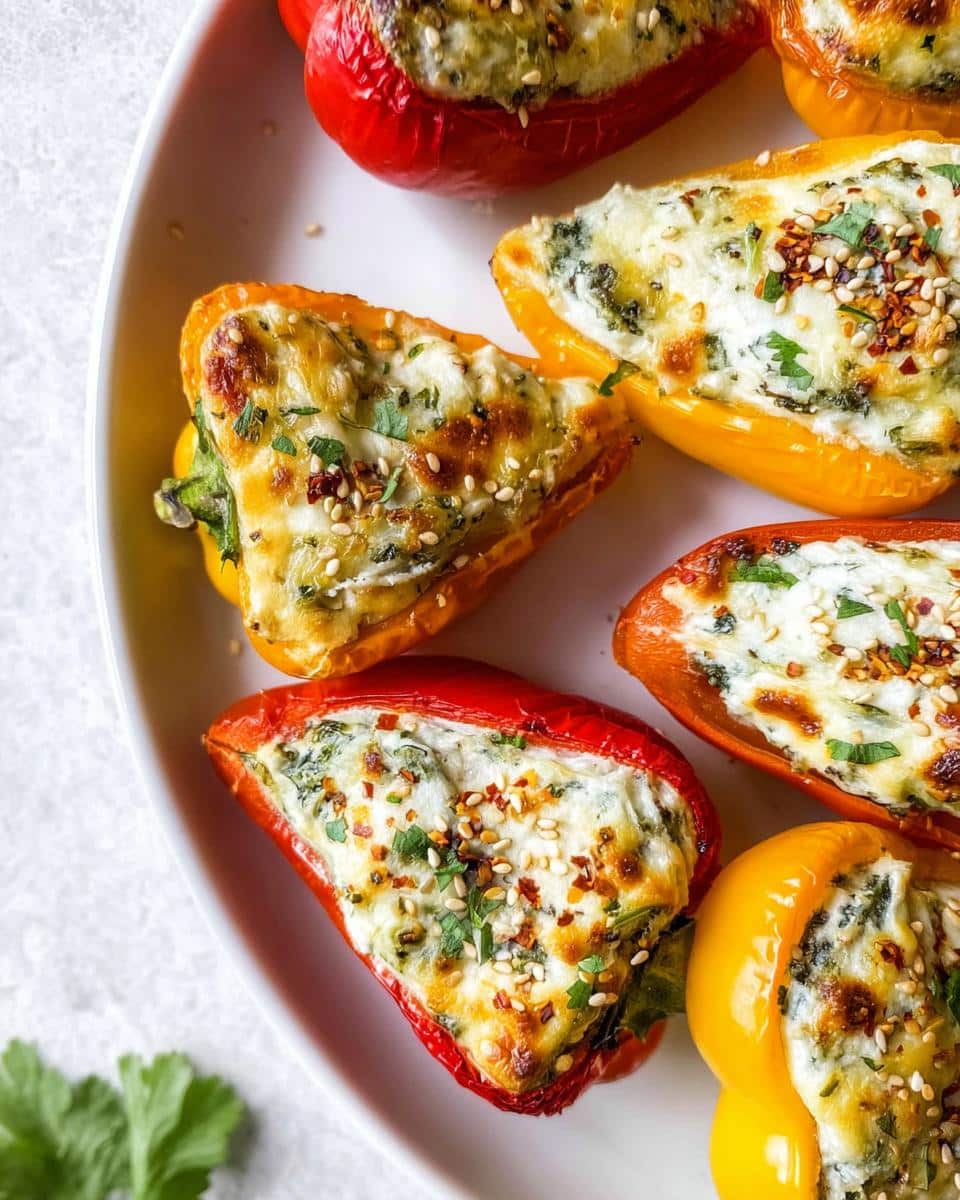 Close-up of baked stuffed mini peppers filled with herbed cheese and topped with sesame seeds and chili flakes.