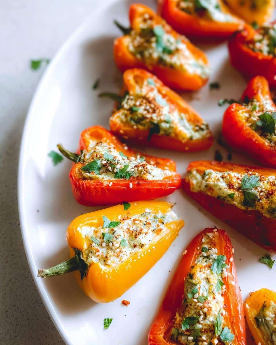 Close-up of Stuffed Mini Peppers with Herbed Cheese, garnished with parsley and sesame seeds.