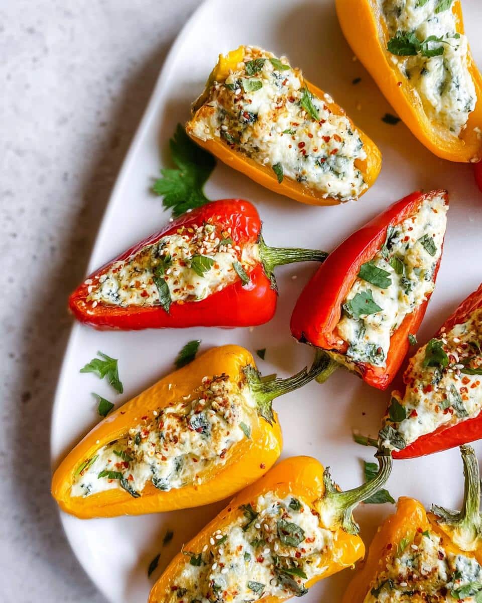 Close-up of colorful stuffed mini peppers with herbed cheese filling and a sprinkle of sesame seeds.