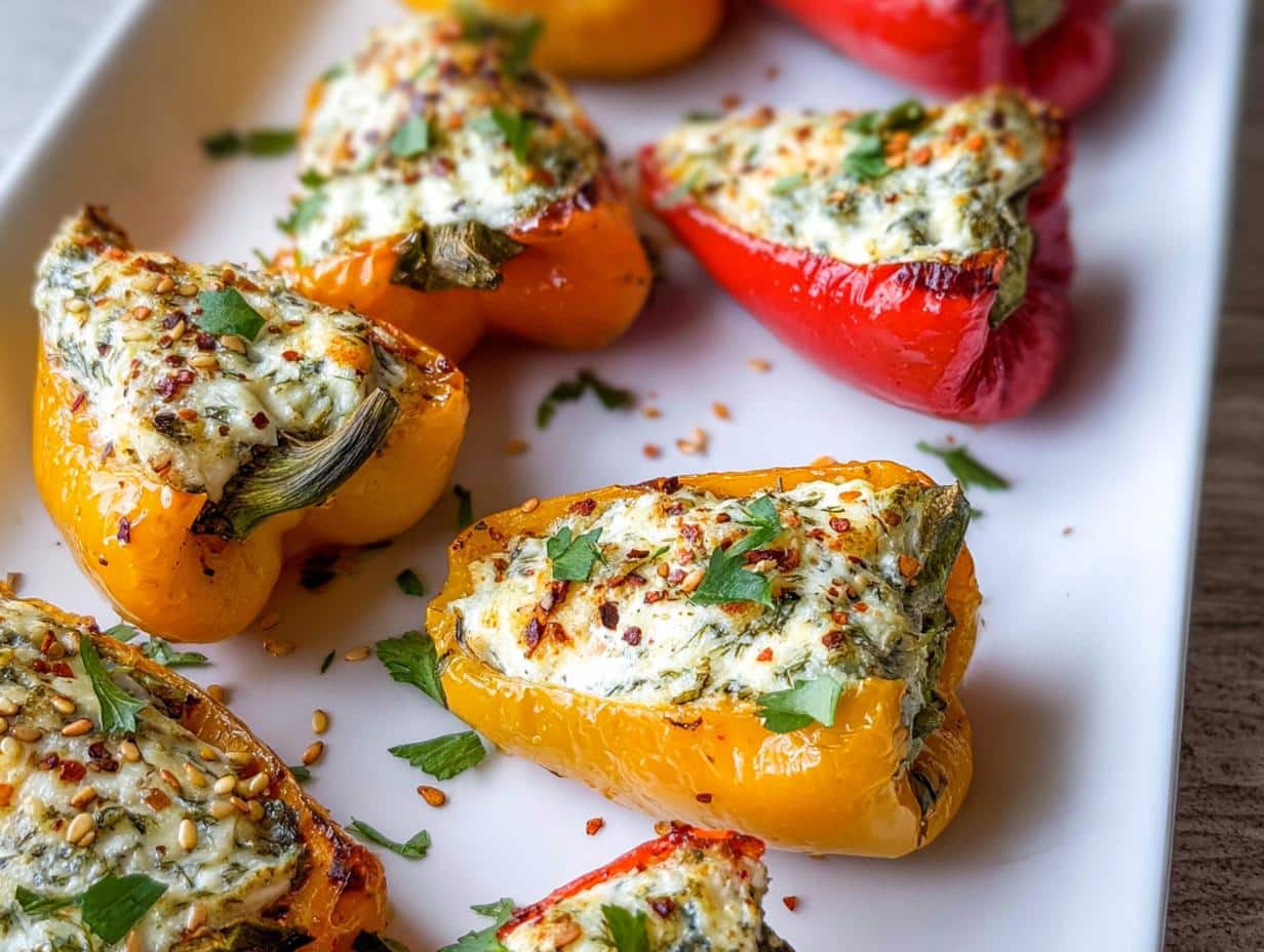 Close-up of Stuffed Mini Peppers with Herbed Cheese, baked until tender and topped with fresh parsley and chili flakes.