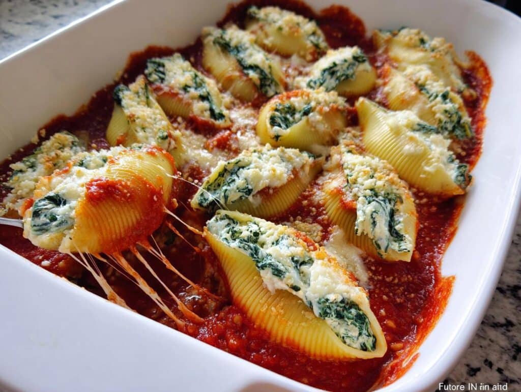 Close-up of creamy Stuffed Shells with Spinach & Ricotta baked in marinara sauce, with melted cheese.