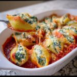 A fork lifts a cheesy Stuffed Shell with Spinach & Ricotta from a baking dish, with melted cheese stretching.