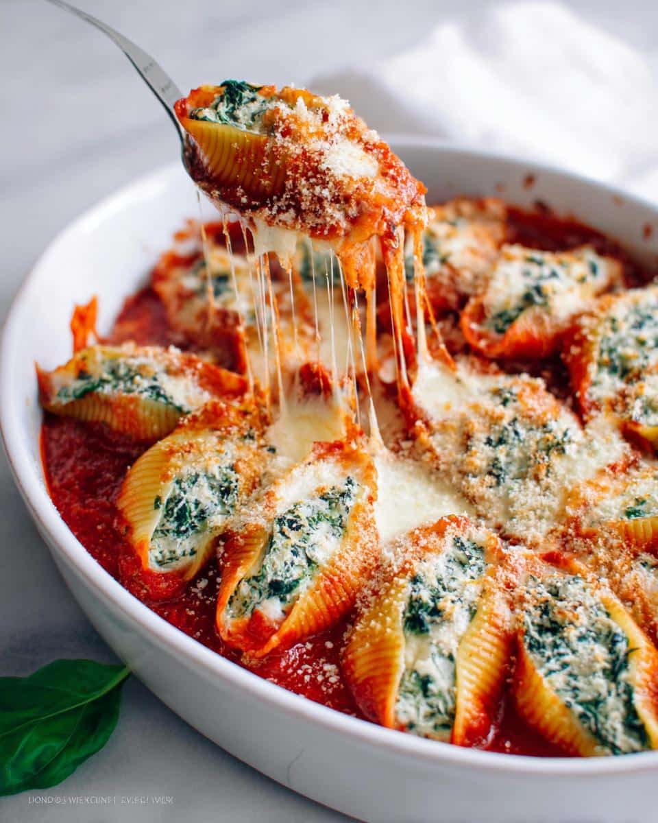 A fork lifts a cheesy Stuffed Shell with Spinach & Ricotta from a baking dish, showing melted mozzarella strings.