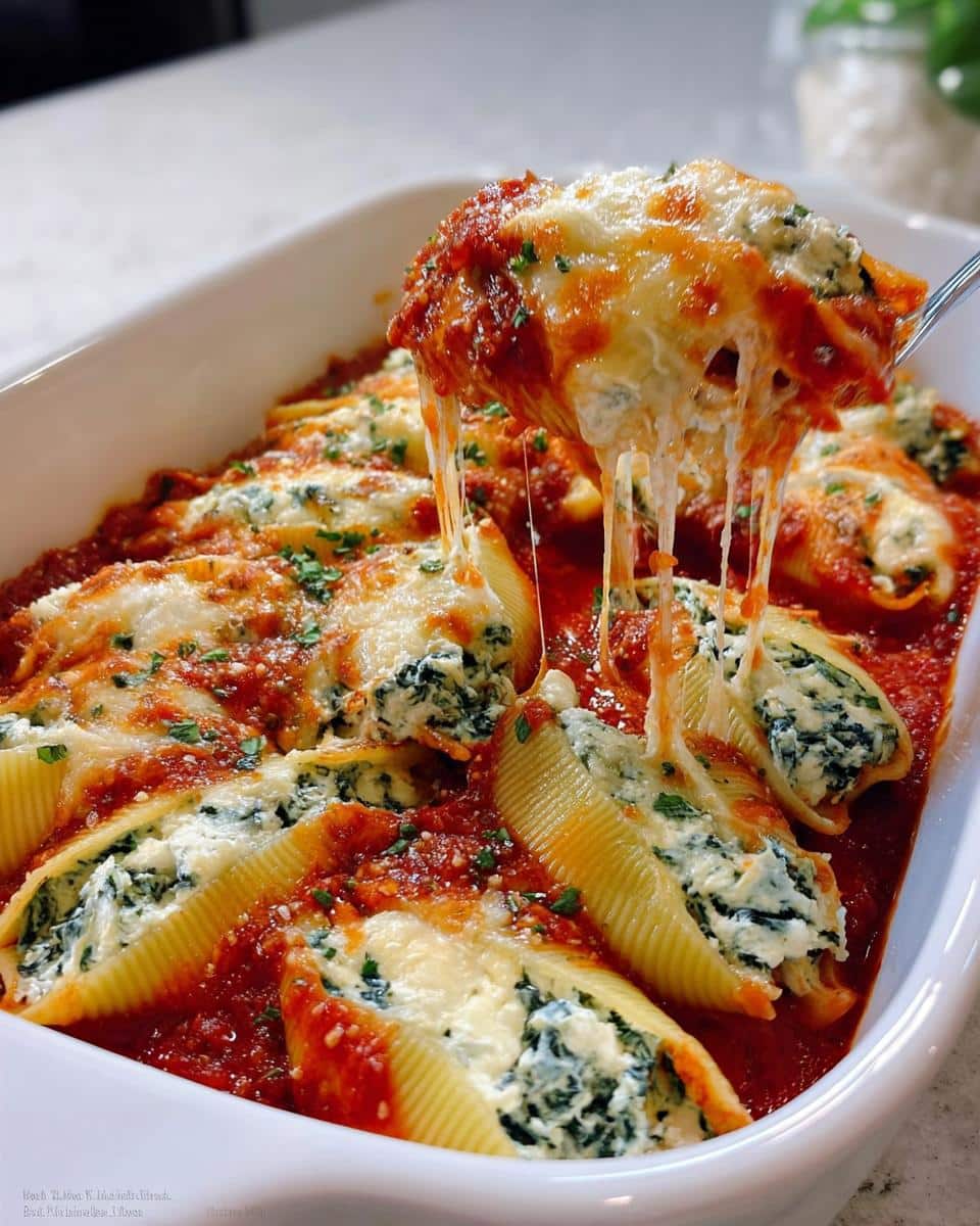 A fork lifting a cheesy, saucy stuffed shell from a baking dish filled with Stuffed Shells with Spinach & Ricotta.