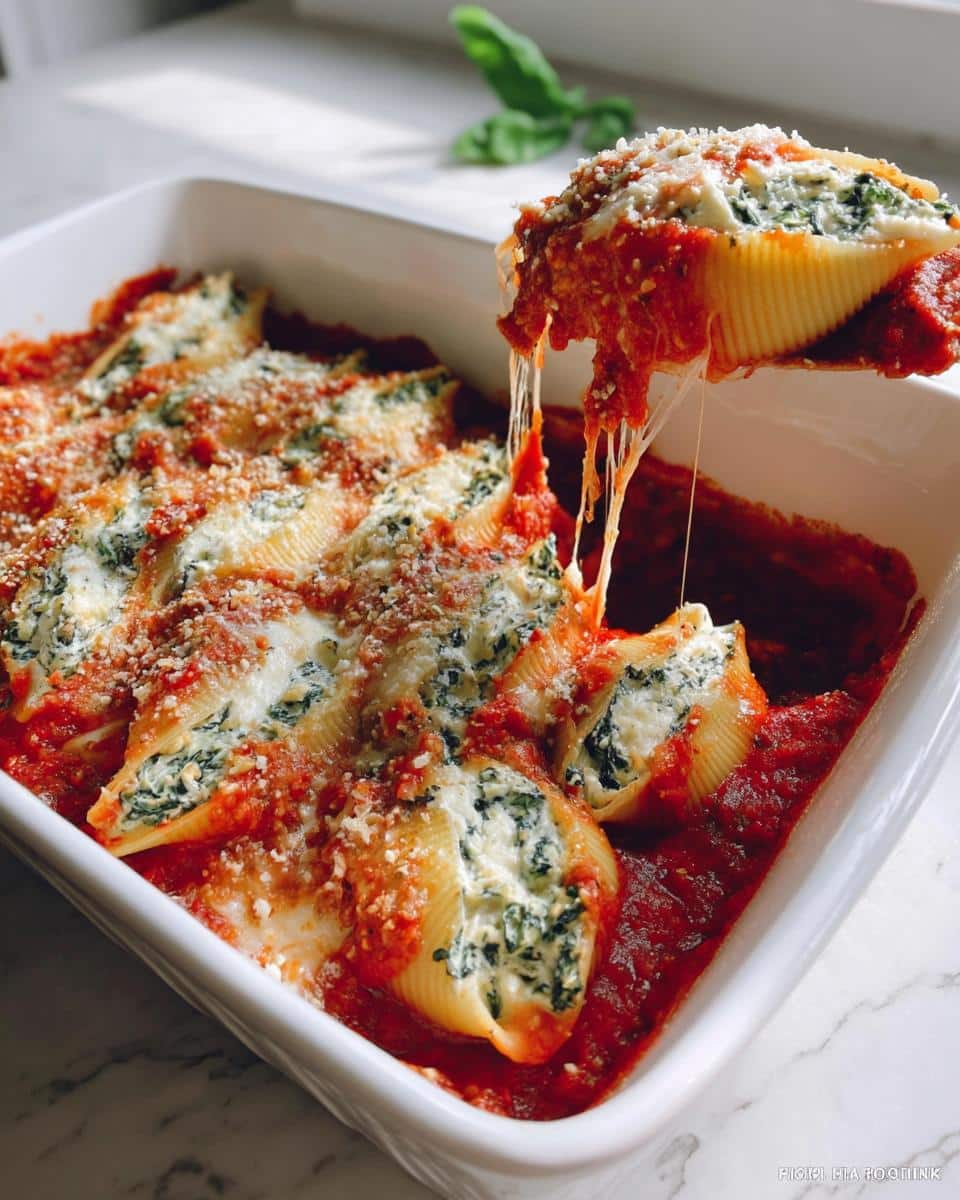 A serving spoon lifts a cheesy stuffed shell from a baking dish of Stuffed Shells with Spinach & Ricotta.