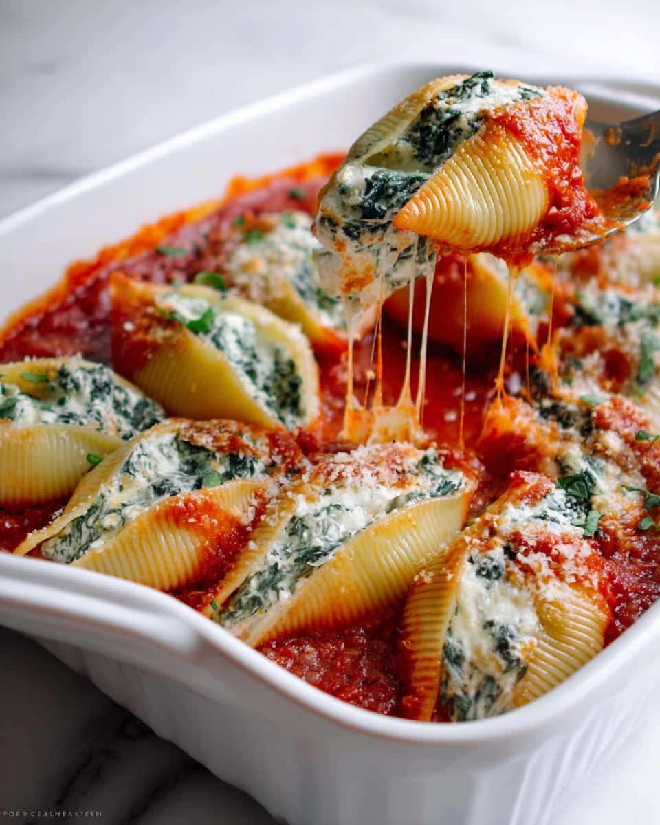 A spoonful lifts a cheesy, creamy stuffed shell filled with spinach and ricotta, dripping with melted cheese.