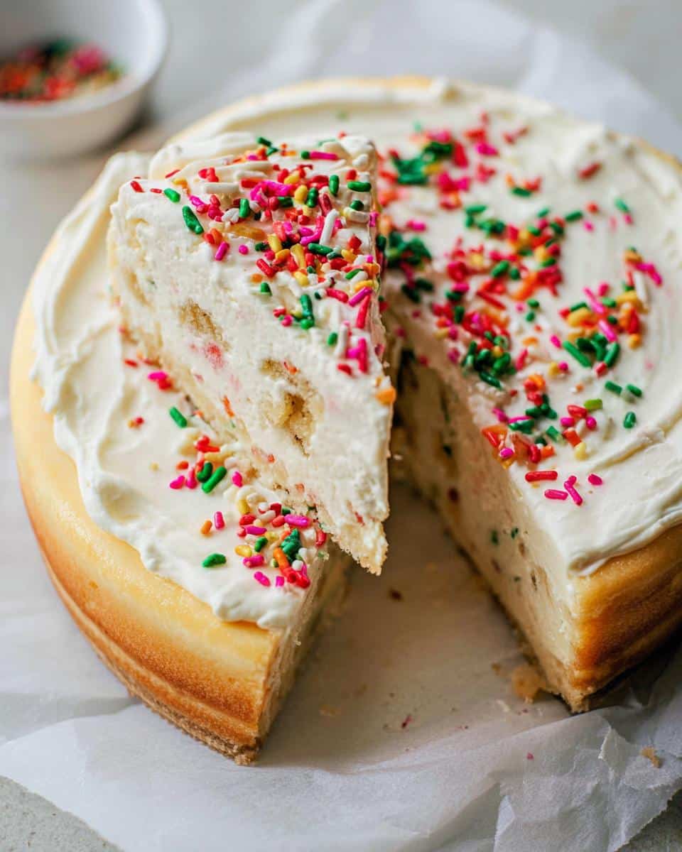 A slice of Sugar Cookie Cheesecake topped with frosting and colorful sprinkles, with a small bowl of sprinkles in the background.