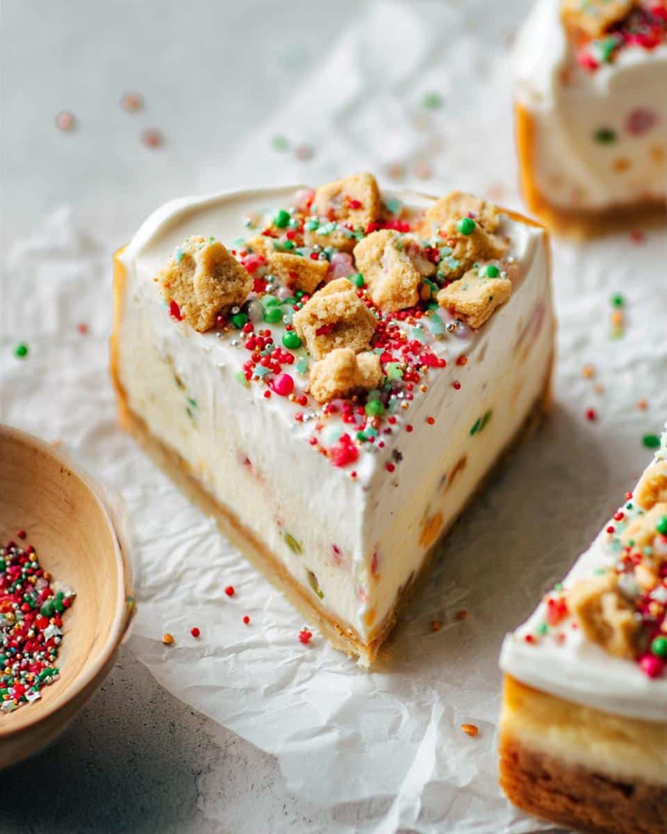 A slice of Sugar Cookie Cheesecake topped with sprinkles and cookie crumbles, with a bowl of sprinkles nearby.