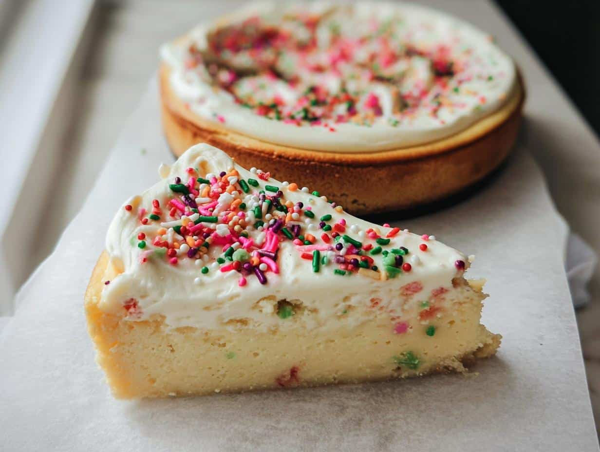 A slice of Sugar Cookie Cheesecake topped with whipped frosting and colorful sprinkles, with the rest of the cheesecake in the background.