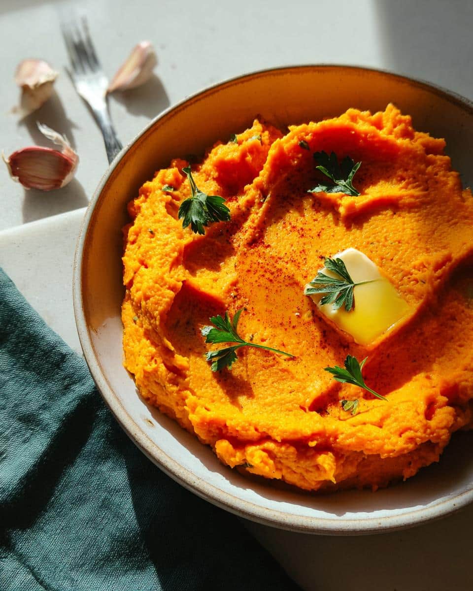 A bowl of vibrant Sweet Potato & Carrot Mash topped with a pat of butter and fresh parsley.