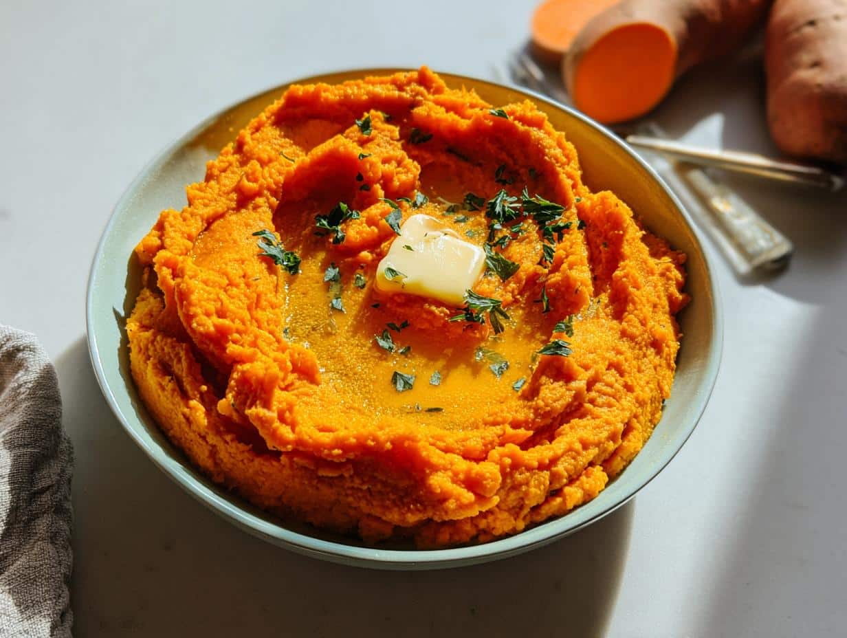 A bowl of vibrant orange Sweet Potato & Carrot Mash topped with melting butter and fresh parsley.