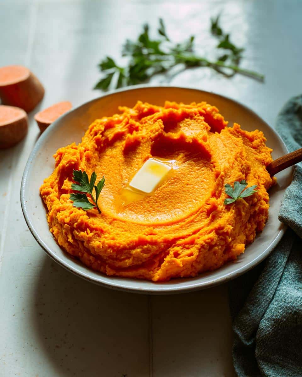 A bowl of vibrant orange Sweet Potato & Carrot Mash topped with a pat of melting butter and garnished with parsley.