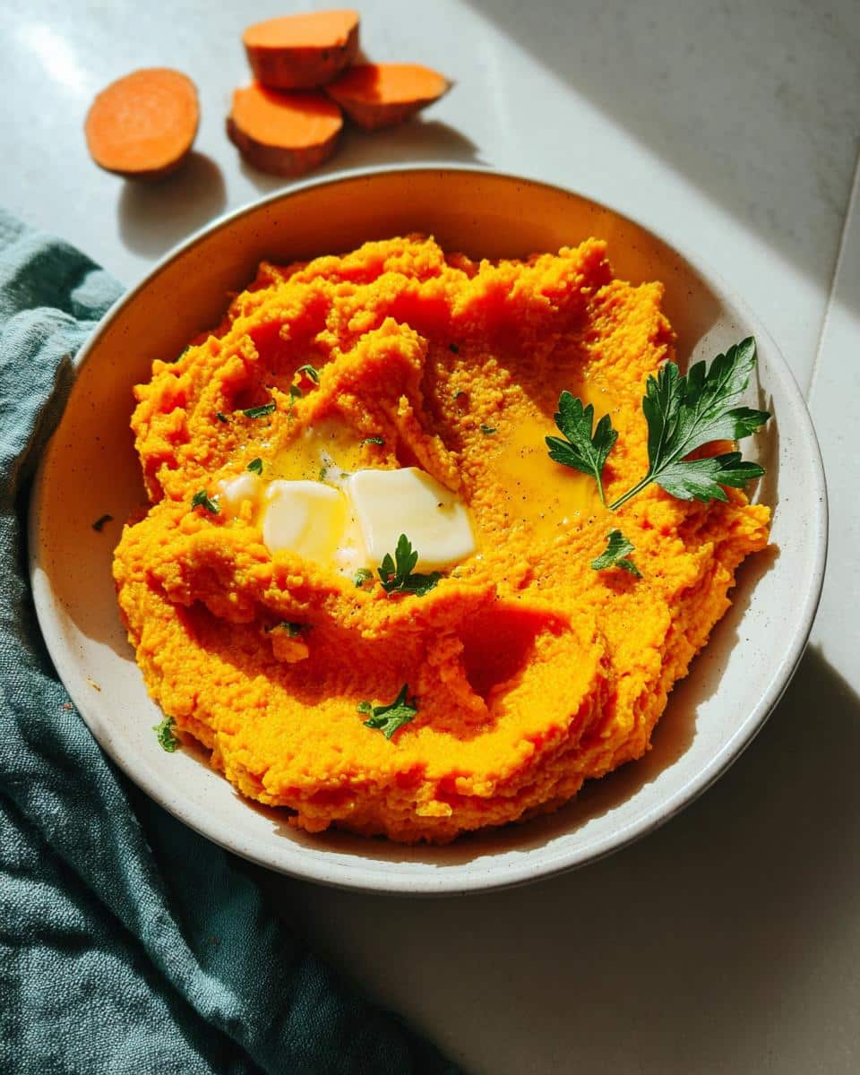 A close-up of a bowl of vibrant orange Sweet Potato & Carrot Mash topped with melting butter and parsley.