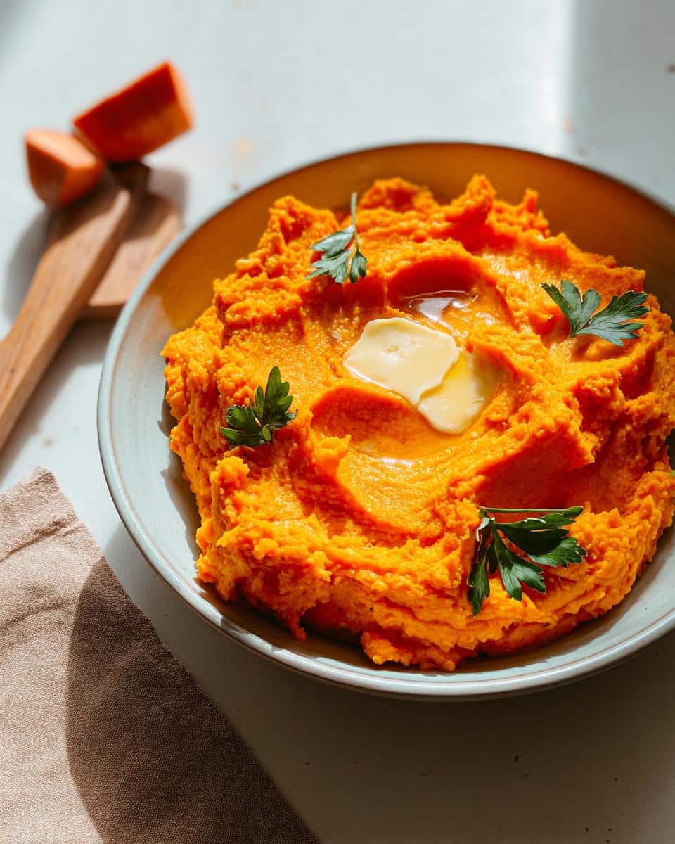 A close-up of a bowl filled with vibrant orange Sweet Potato & Carrot Mash, topped with melting butter and fresh parsley.