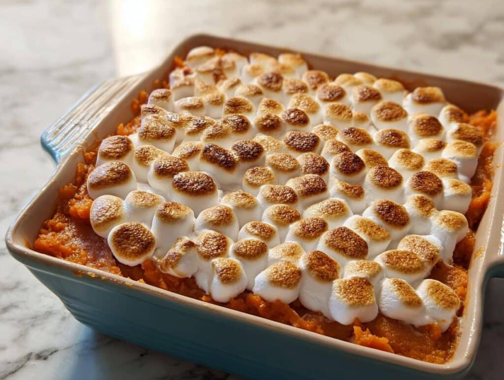 A close-up of a baked Sweet Potato Casserole with Marshmallows, topped with golden-brown toasted marshmallows.
