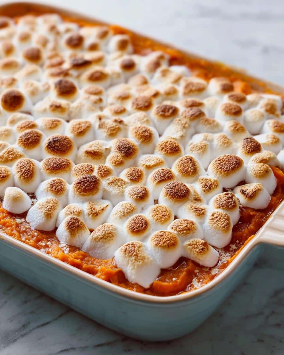 Close-up of a baked Sweet Potato Casserole with Marshmallows, showing toasted marshmallows on top.