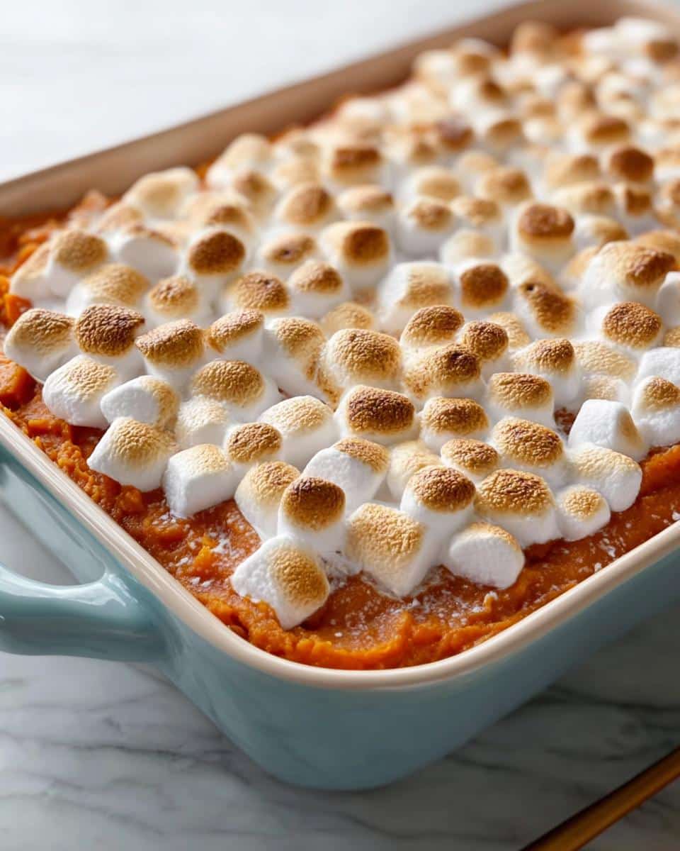 A close-up of a Sweet Potato Casserole with Marshmallows, topped with perfectly toasted marshmallows.