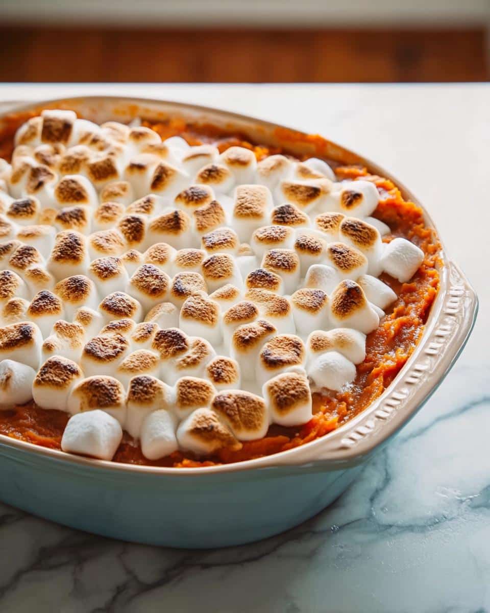 A close-up of a Sweet Potato Casserole with Marshmallows, topped with golden-brown toasted marshmallows.