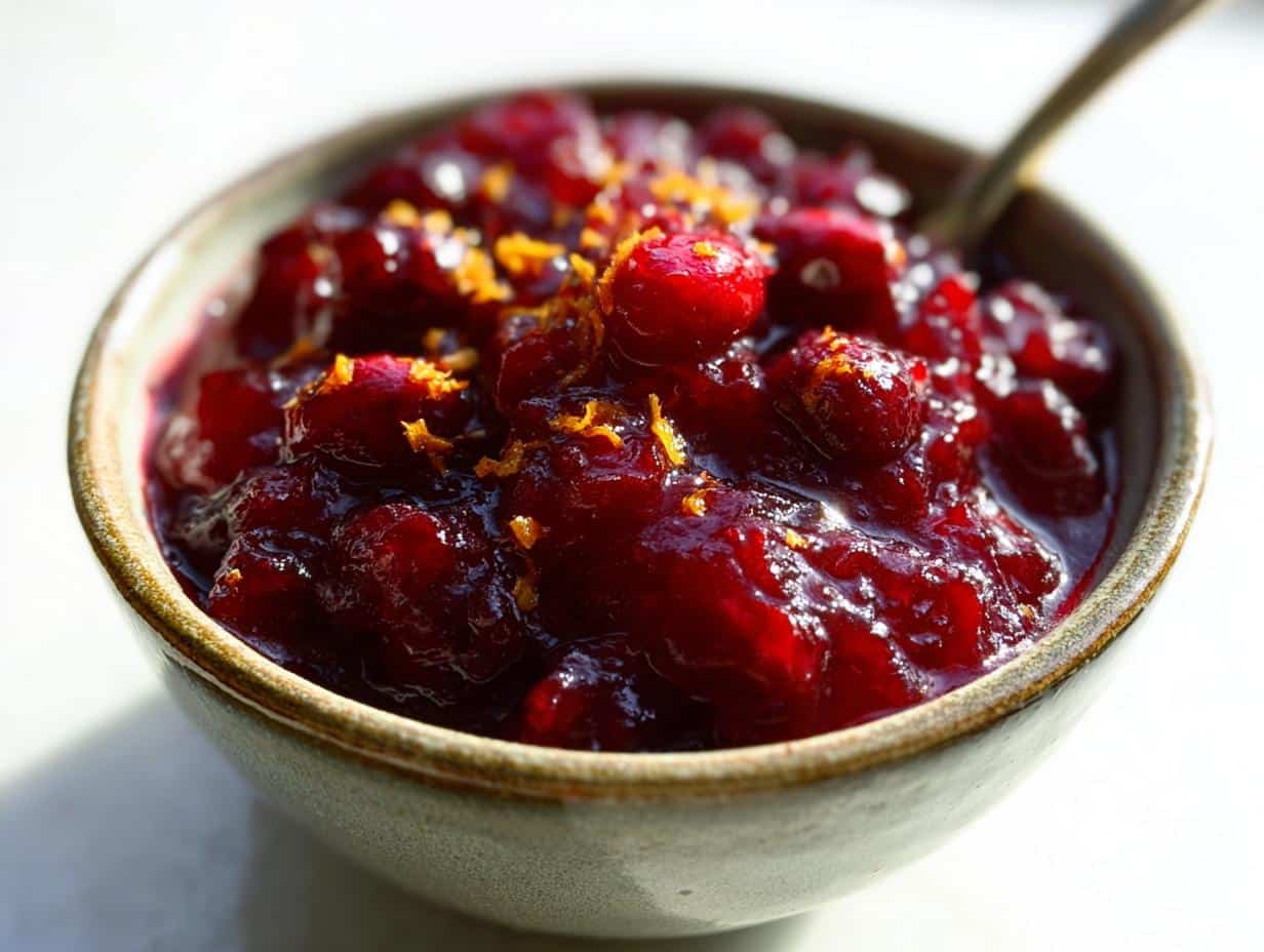 Close-up of homemade cranberry sauce in a bowl, garnished with orange zest, a perfect addition to Thanksgiving side dishes.