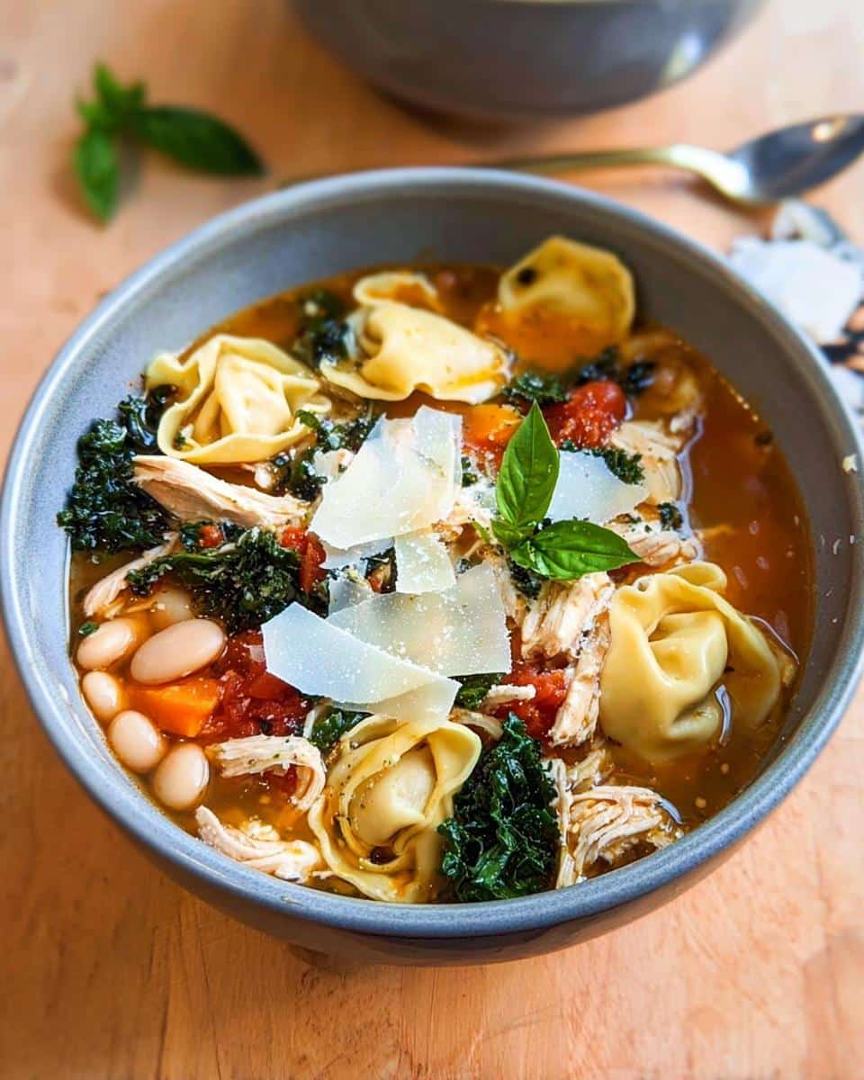 A close-up of a hearty bowl of Tuscan Chicken Tortellini Soup, filled with tortellini, chicken, kale, beans, and topped with parmesan.