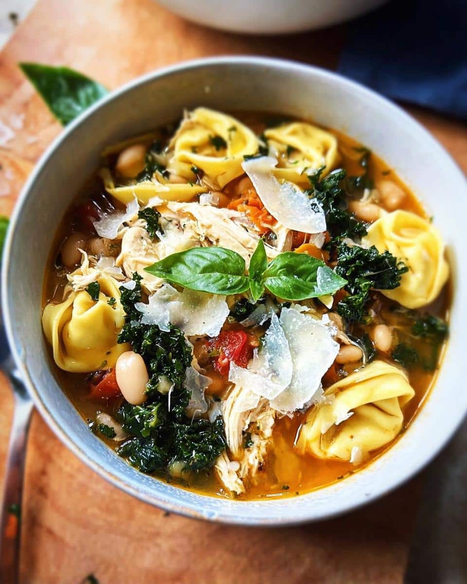 A close-up of a bowl of Tuscan Chicken Tortellini Soup, filled with tortellini, shredded chicken, kale, and white beans, topped with Parmesan.