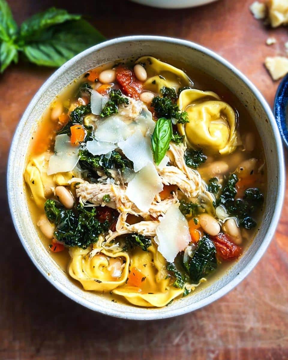 A close-up overhead view of a hearty bowl of Tuscan Chicken Tortellini Soup, filled with tortellini, shredded chicken, kale, beans, and topped with shaved Parmesan.