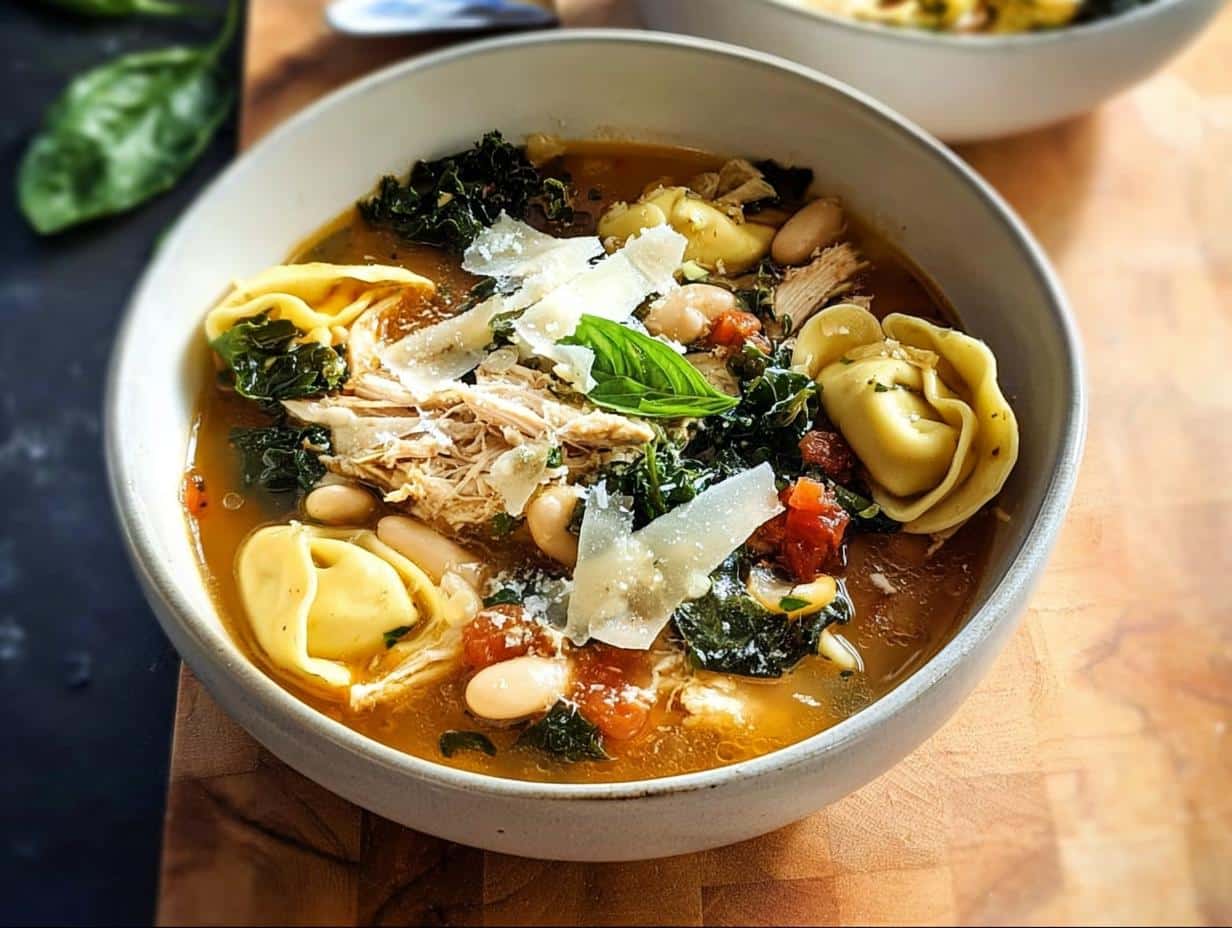 A close-up of a bowl of Tuscan Chicken Tortellini Soup, featuring tortellini, shredded chicken, kale, white beans, and shaved Parmesan.