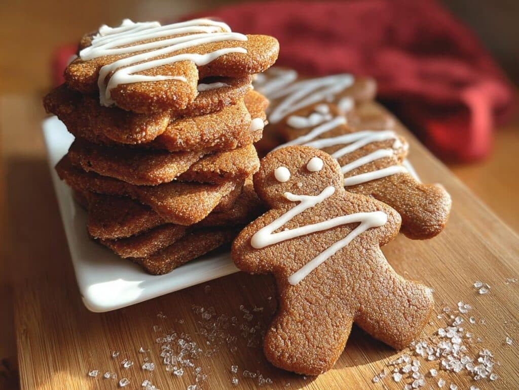 A stack of Vegan Gluten-Free Gingerbread Cookies decorated with white icing, with a gingerbread man cookie in the foreground.