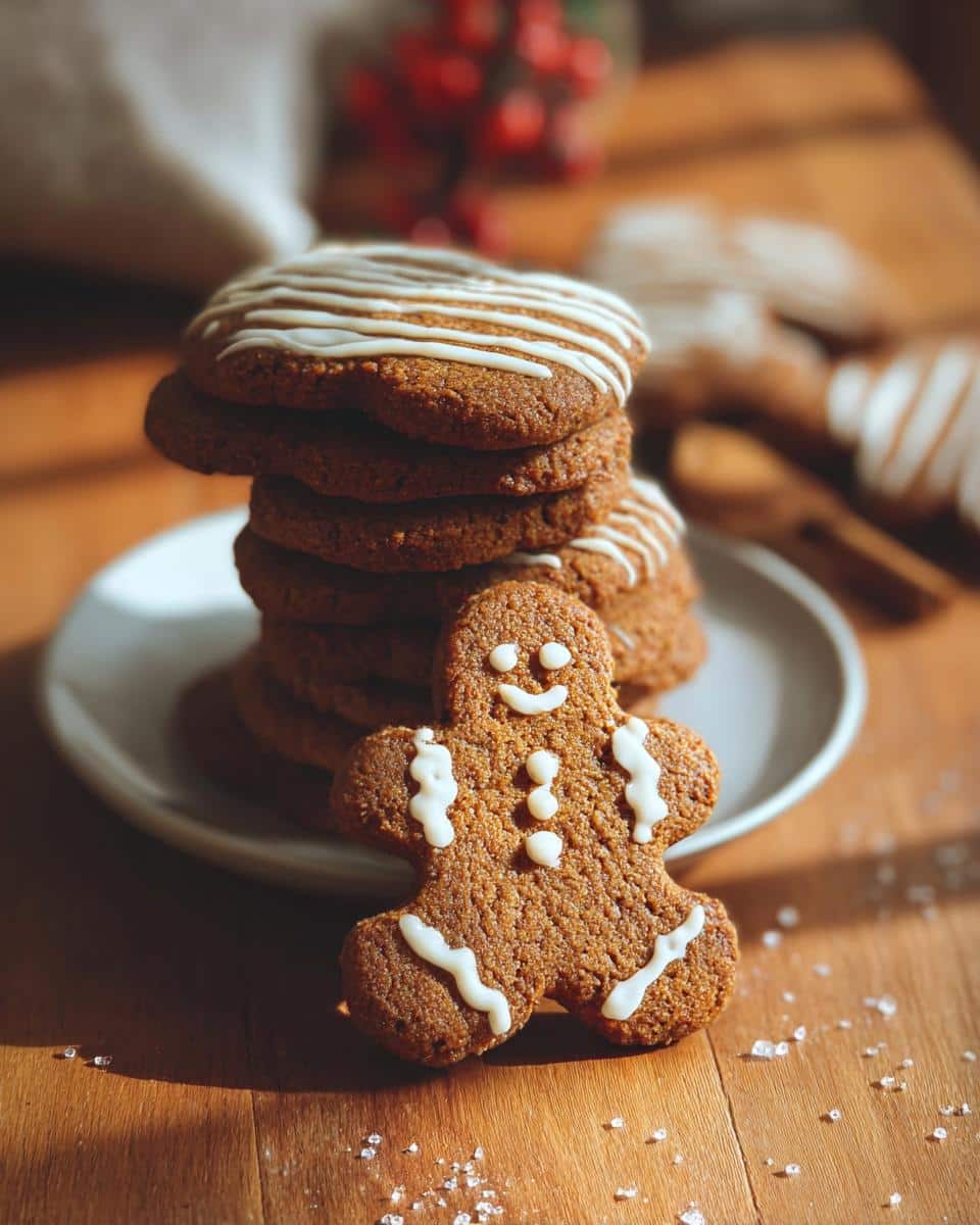 A stack of Vegan Gluten-Free Gingerbread Cookies, with one gingerbread man cookie in front, decorated with white icing.