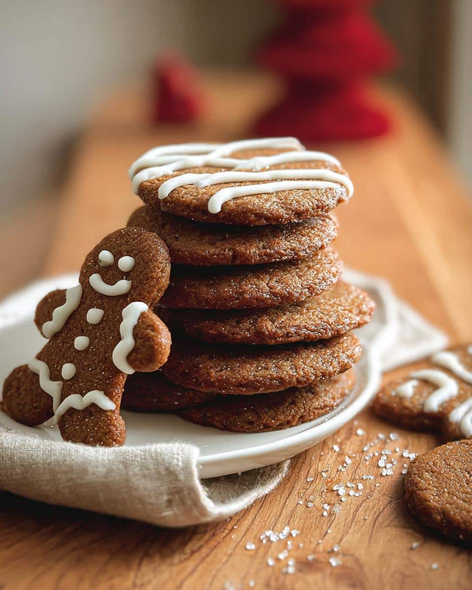 A stack of Vegan Gluten-Free Gingerbread Cookies, with one gingerbread man cookie decorated with white icing.