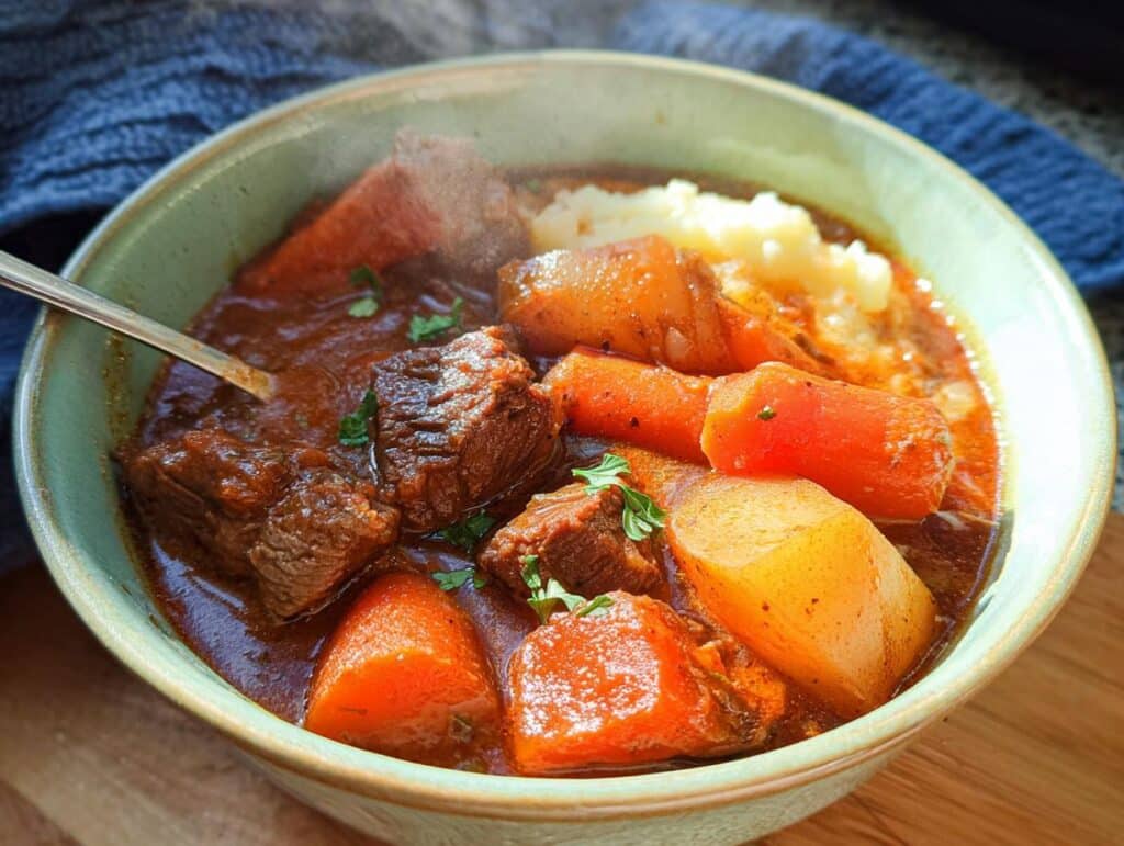 A steaming bowl of Whole30 Beef & Vegetable Stew with tender beef chunks, carrots, and potatoes.