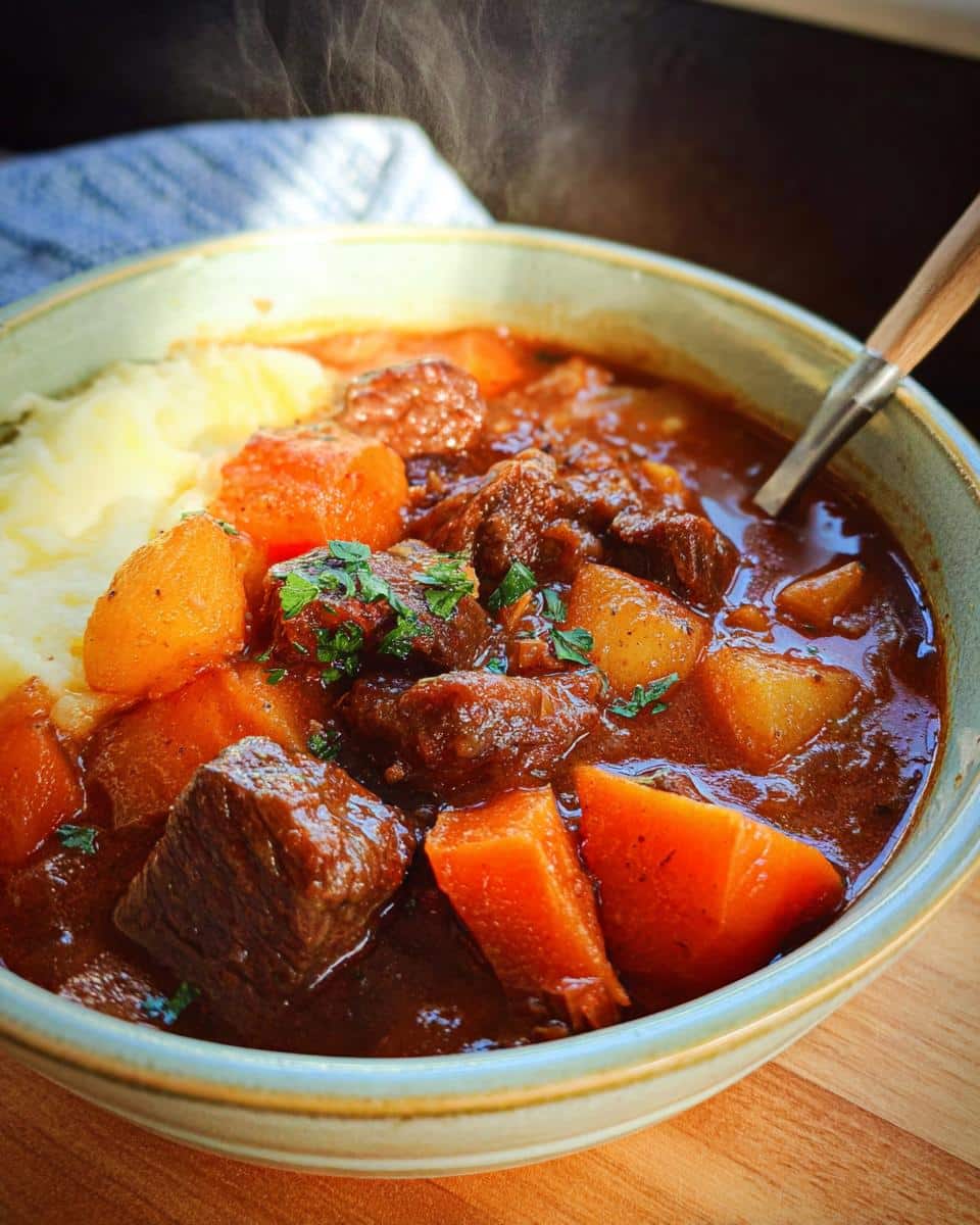 A steaming bowl of Whole30 Beef & Vegetable Stew with tender beef chunks, carrots, and potatoes, served with mashed cauliflower.