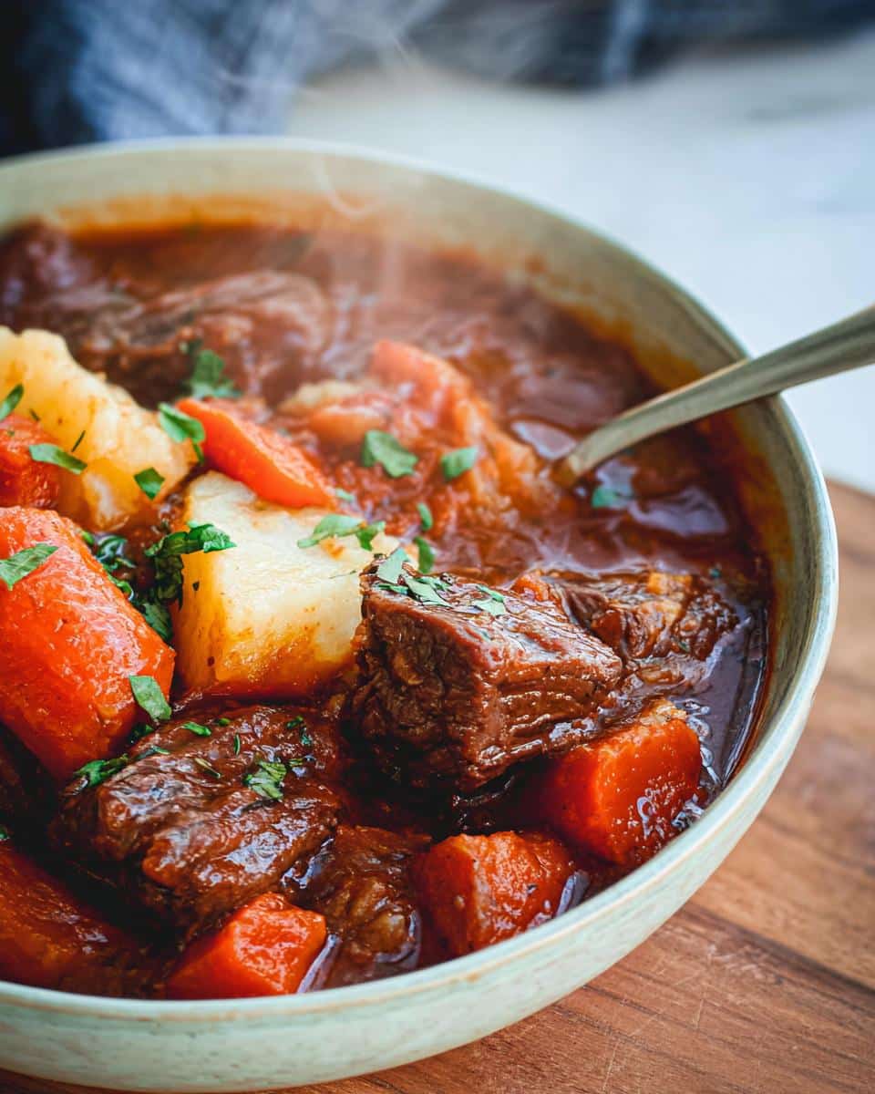 A steaming bowl of Whole30 Beef & Vegetable Stew with tender beef chunks, carrots, and potatoes, garnished with parsley.