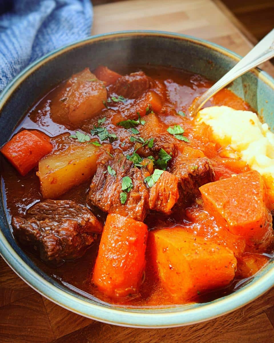 A steaming bowl of Whole30 Beef & Vegetable Stew with tender beef chunks, carrots, and potatoes, garnished with fresh parsley.
