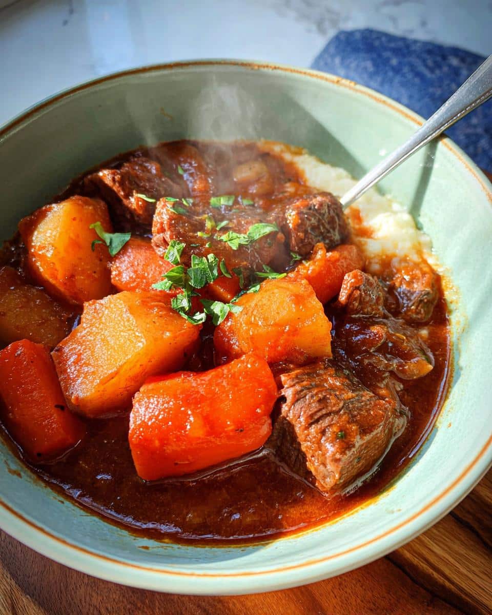 A steaming bowl of Whole30 Beef & Vegetable Stew with tender beef chunks, potatoes, and carrots in a rich broth.