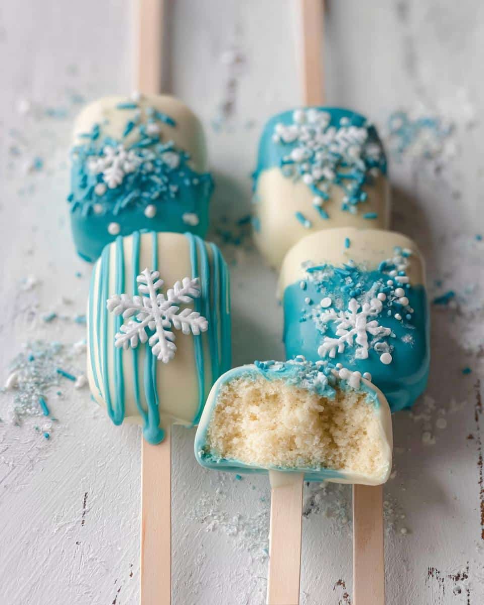 Several Winter Wonderland Cake Pops decorated with blue and white frosting, snowflakes, and sprinkles. One is bitten into.