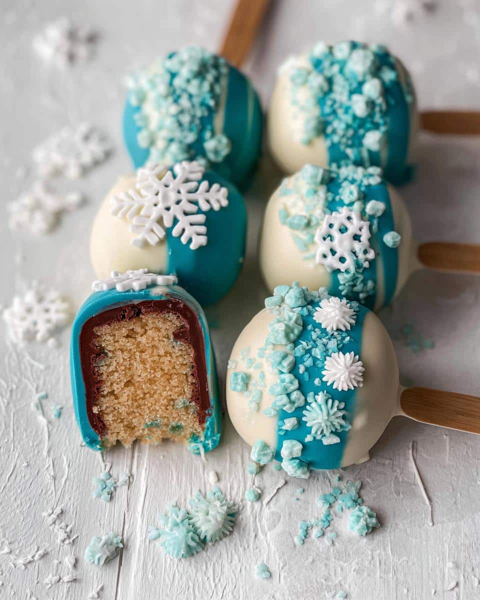 Close-up of decorative Winter Wonderland Cake Pops, some with snowflake decorations and blue and white frosting.