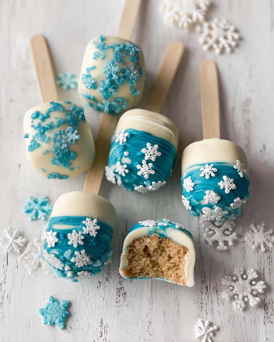 A collection of white chocolate-dipped Winter Wonderland Cake Pops decorated with blue icing and white snowflakes.