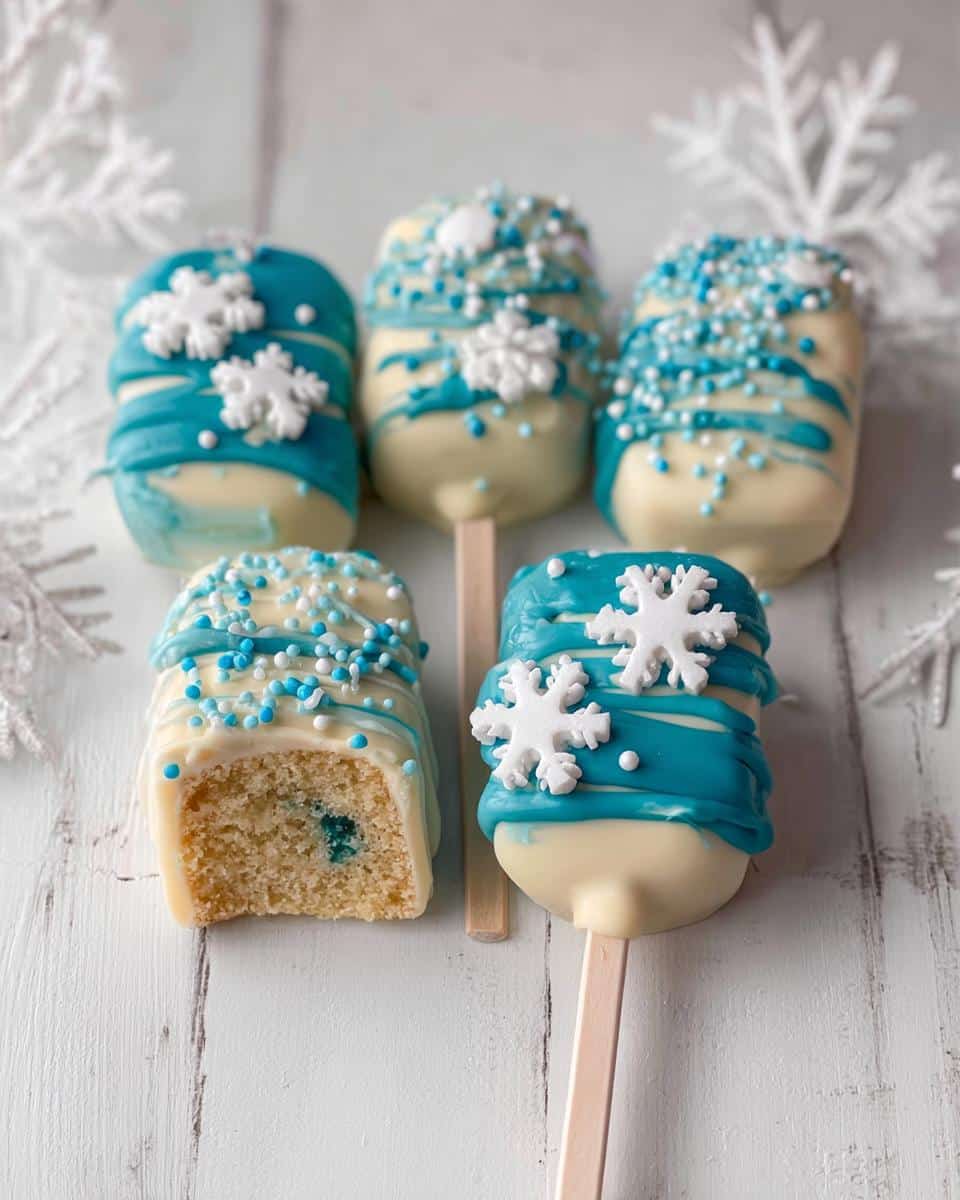 Five festive Winter Wonderland Cake Pops decorated with white chocolate, blue drizzle, sprinkles, and snowflake candies.