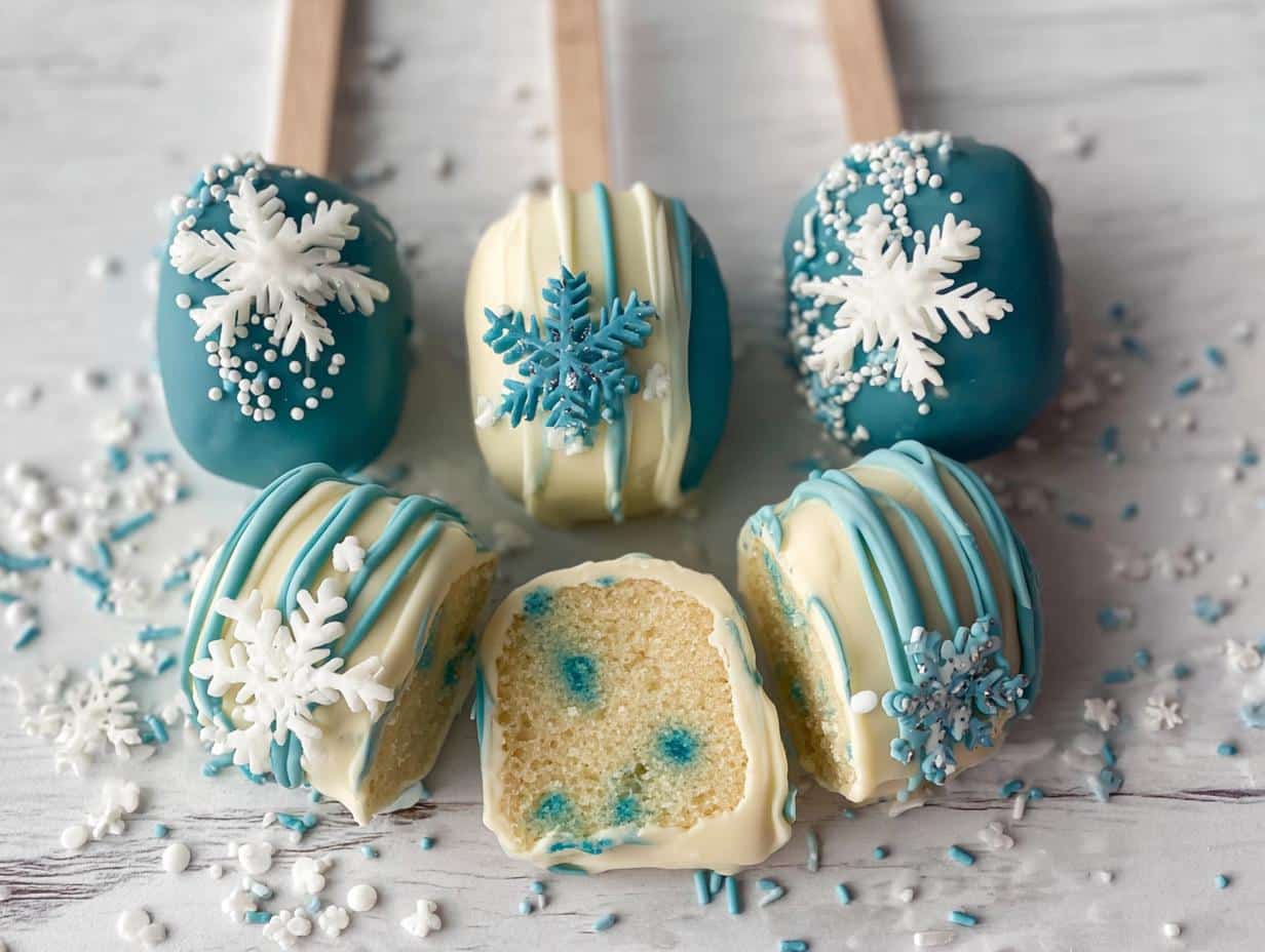 Close-up of festive Winter Wonderland Cake Pops decorated with white and blue snowflakes and sprinkles.