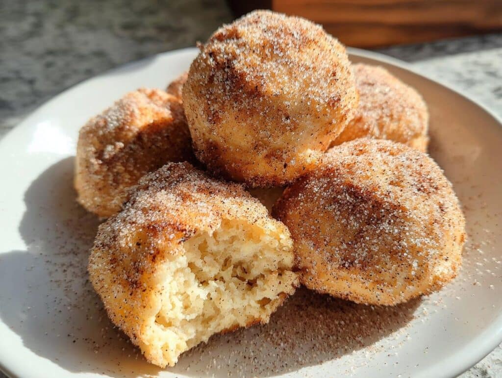 A pile of golden 2-Ingredient Baked Banana Donut Holes coated in cinnamon sugar on a white plate.