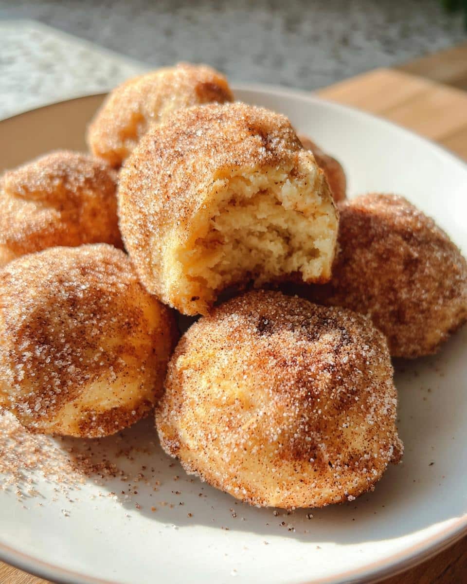 Close-up of several 2-Ingredient Baked Banana Donut Holes coated heavily in cinnamon sugar, one is bitten into.