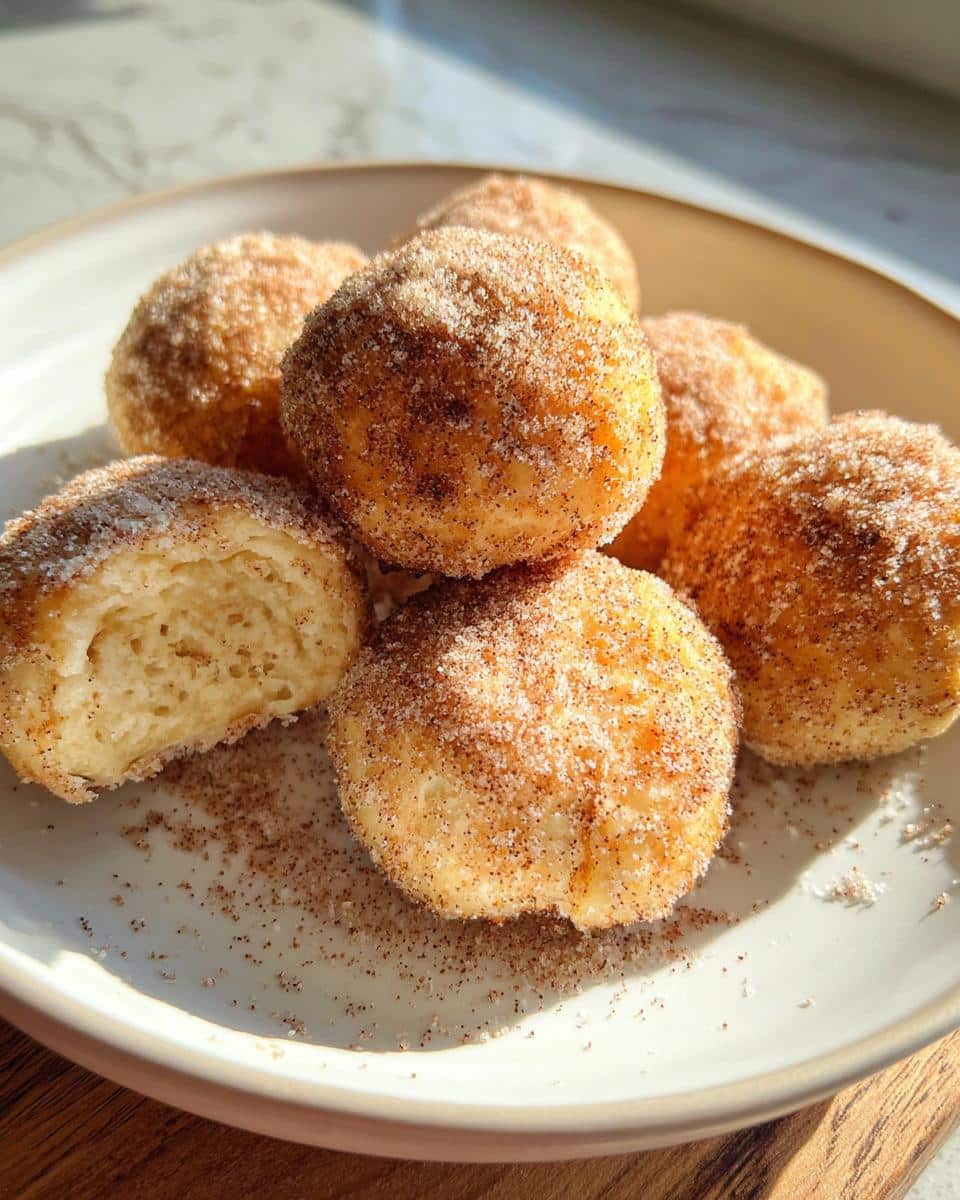 Close-up of several 2-Ingredient Baked Banana Donut Holes coated in cinnamon sugar on a white plate.