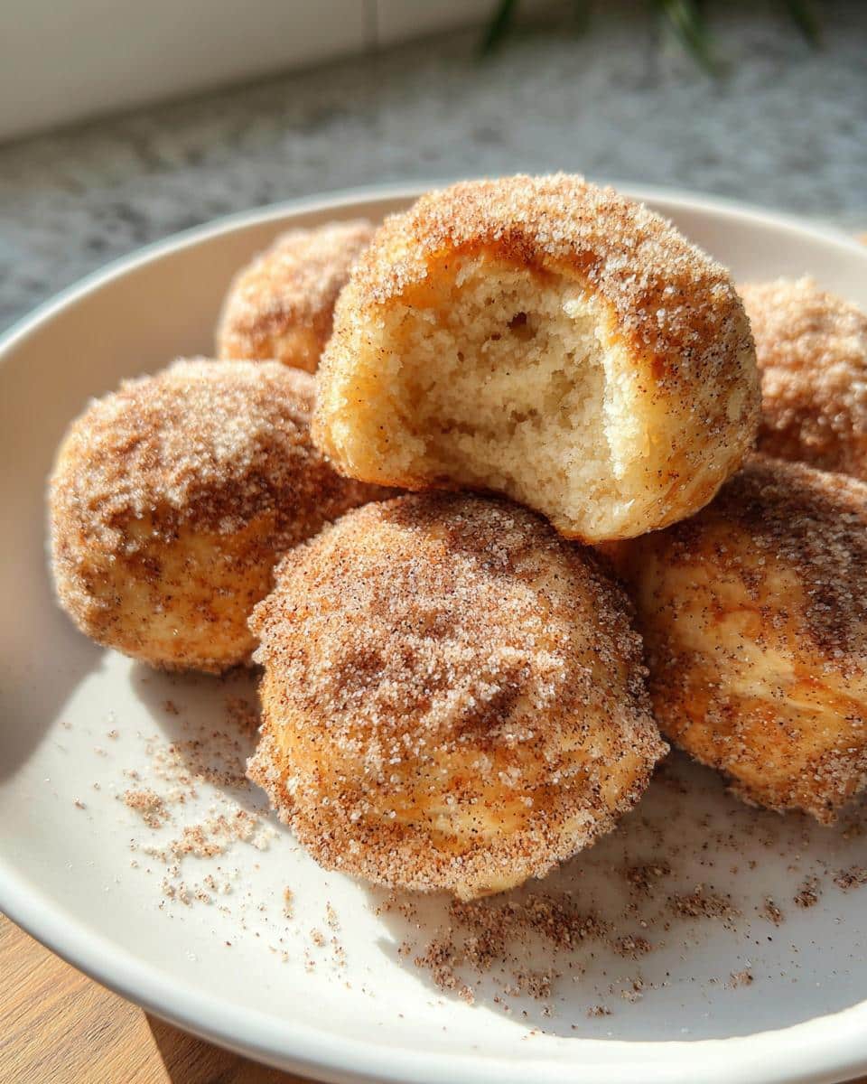A stack of 2-Ingredient Baked Banana Donut Holes coated in cinnamon sugar, with one bitten into.