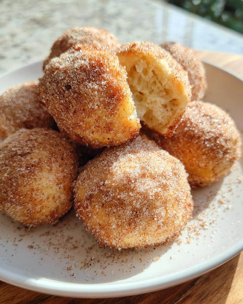 A pile of golden 2-Ingredient Baked Banana Donut Holes coated heavily in cinnamon sugar on a white plate.