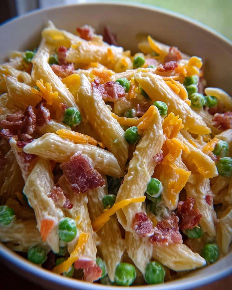 Close-up of creamy penne pasta mixed with green peas, bacon bits, and shredded cheddar cheese in a bowl.